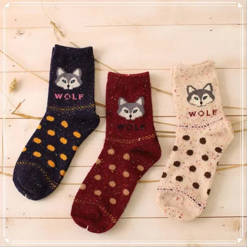 3 Pairs Lot Pack Women Socks Winter Cartoon Animal Elk Deer Thick Warm Tweed Yarn Soft Comfortable Wool Socks