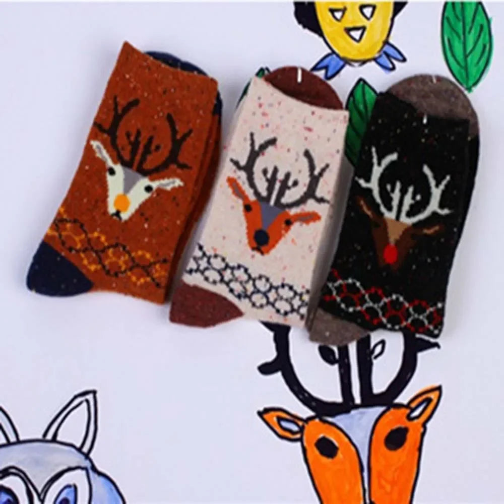 3 Pairs Lot Pack Women Socks Winter Cartoon Animal Elk Deer Thick Warm Tweed Yarn Soft Comfortable Wool Socks