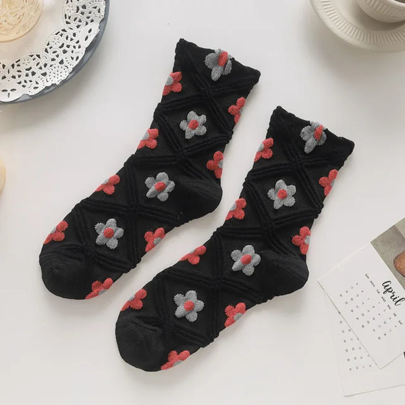 Women Socks Flower Rabbit Pattern Cute Kawaii Japanese Korean Style Cotton Harajuku Funny Breathable Casual Spring Floral Socks