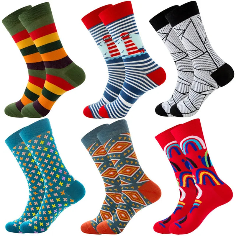 6 Pairs Hip Hop INS Style Men/Women Socks Combed Cotton Happy Print Art Funny Socks Men Casual Crew Skateboard Socks Long Tube