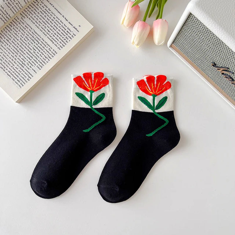 Women Socks Flower Rabbit Pattern Cute Kawaii Japanese Korean Style Cotton Harajuku Funny Breathable Casual Spring Floral Socks