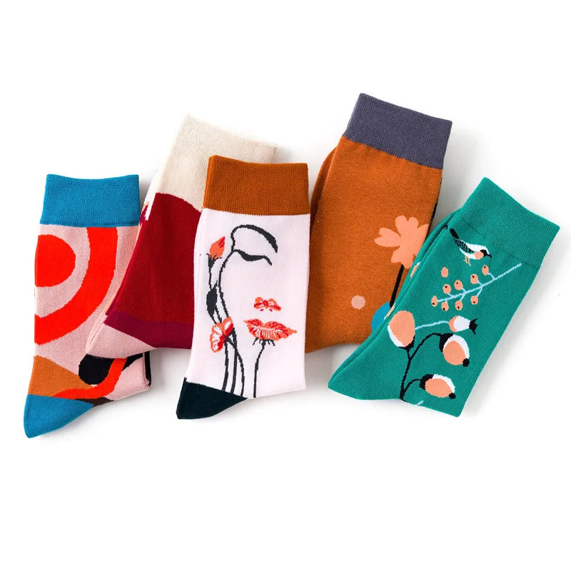 Hot Sale Cartoon Jacquard Funny Art Socks Creative Plants Flowers Cute Women Socks Vintage Leisure Cotton Kawaii Socks Wholesale