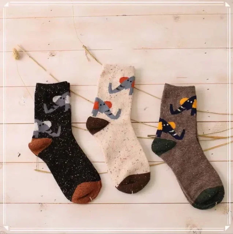 3 Pairs Lot Pack Women Socks Winter Cartoon Animal Elk Deer Thick Warm Tweed Yarn Soft Comfortable Wool Socks