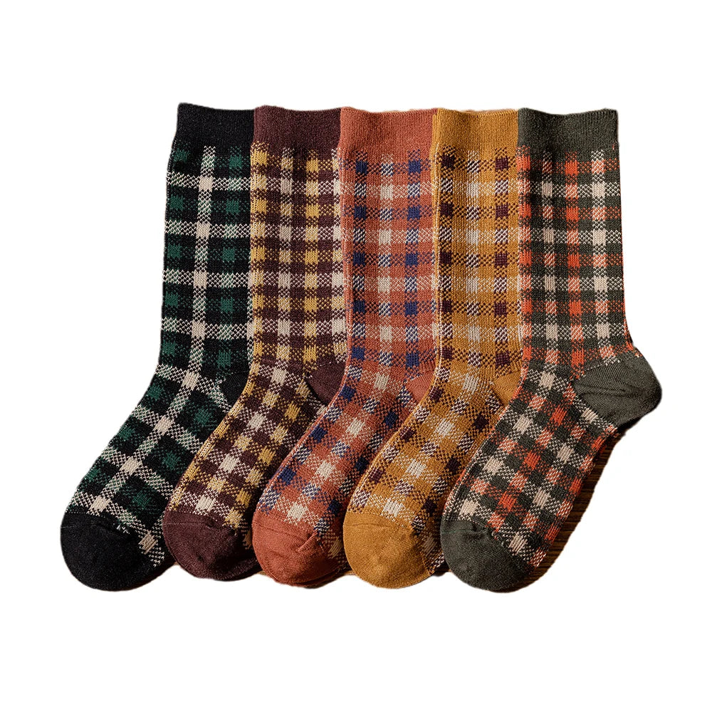 1 Pair Women Socks Spring Autumn Retro Style Cotton Socks Women Men Couple Socks Plaid Pattern Green Orange Colorful Socks