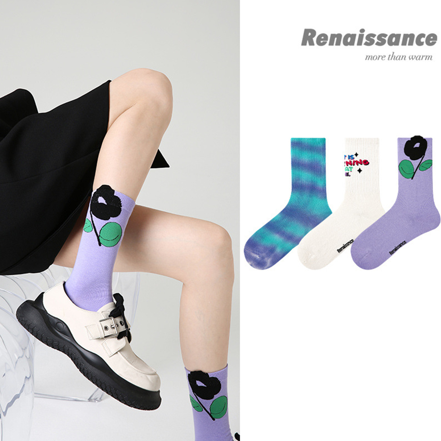 Renaissance Collection Women Socks 3 Pairs Bundle Flower Print Crew Socks 737707175027