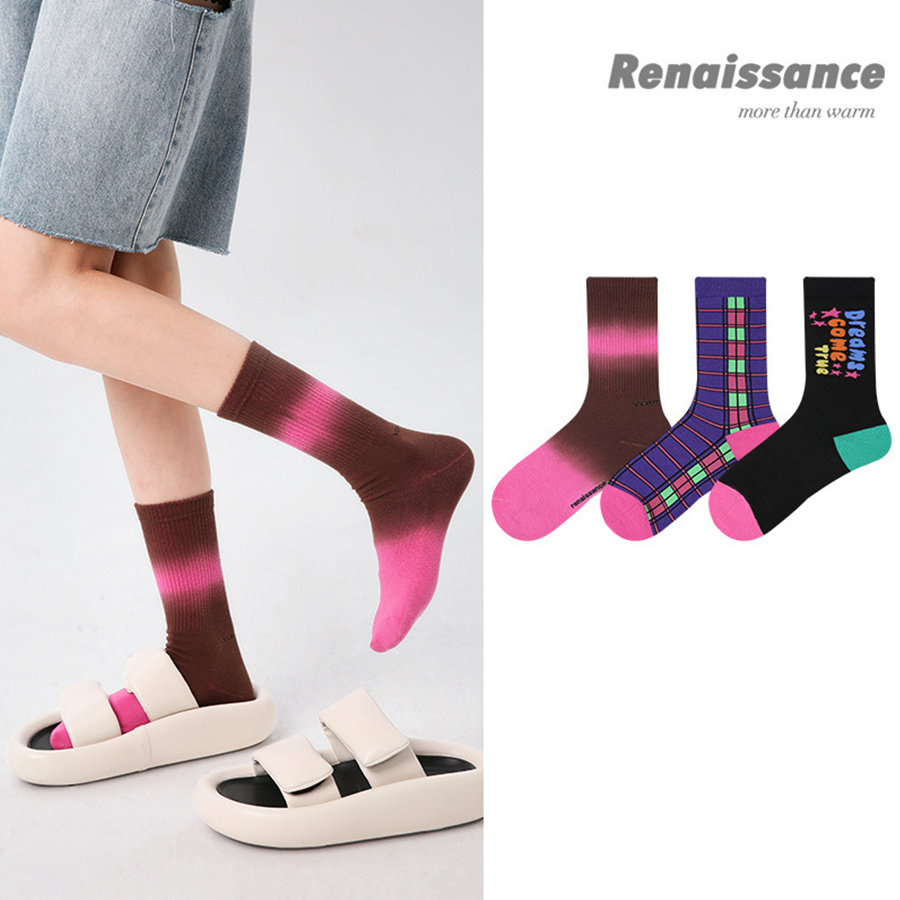 Renaissance Collection Women Socks 3 Pairs Bundle Dopamine Color Blocking Crew Socks