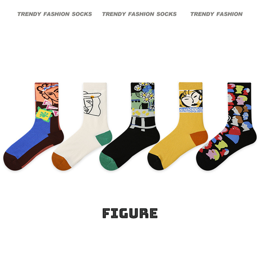 Spring Collection Women Socks 5 Pairs Bundle Trendy Unique Design Print Mid-Calf Socks