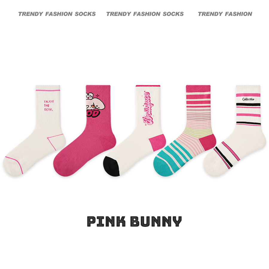 Spring Collection Women Socks 5 Pairs Bundle Trendy Unique Design Print Mid-Calf Socks