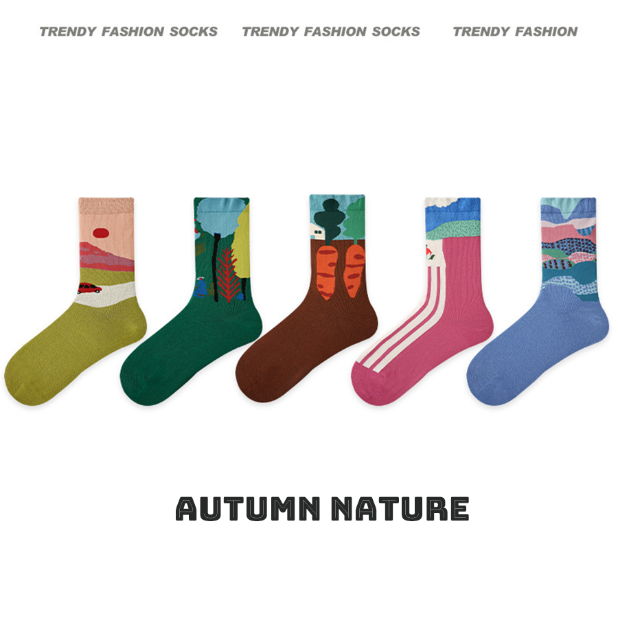 Spring Collection Women Socks 5 Pairs Bundle Trendy Unique Design Print Mid-Calf Socks