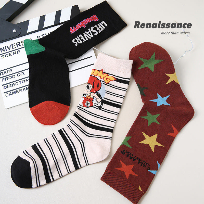 Renaissance Collection Women Socks 3 Pairs Bundle Striped Color-blocking Mid-Calf Socks