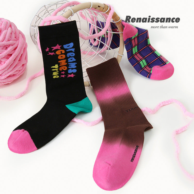 Renaissance Collection Women Socks 3 Pairs Bundle Dopamine Color Blocking Crew Socks