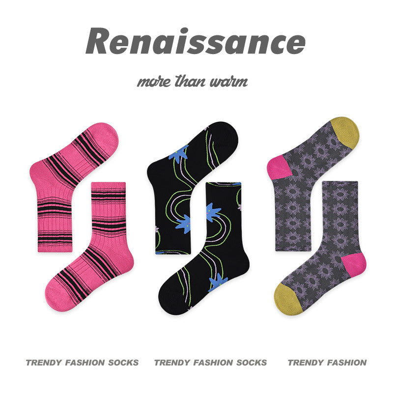 Renaissance Collection Women Socks 3 Pairs Bundle Striped Color-blocking Mid-Calf Socks