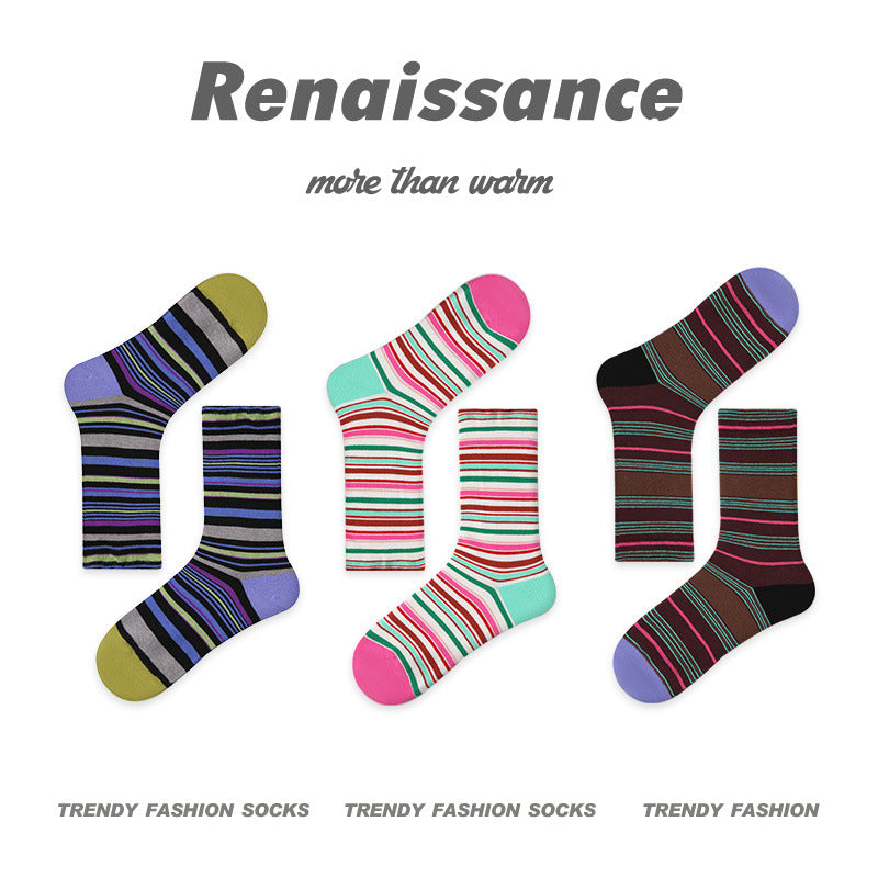 Renaissance Collection Women Socks 3 Pairs Bundle Striped Color-blocking Mid-Calf Socks