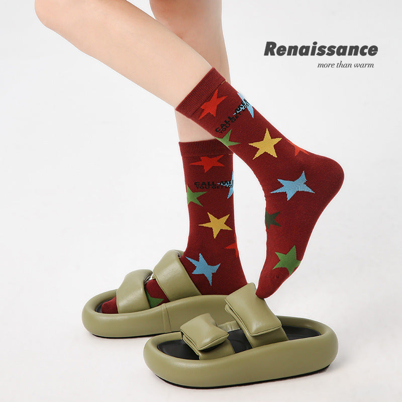 Renaissance Collection Women Socks 3 Pairs Bundle Striped Color-blocking Mid-Calf Socks