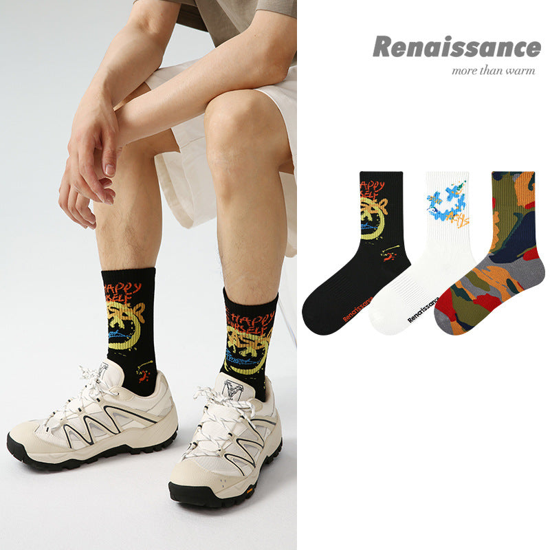 Renaissance Collection Men Socks 3 Pairs Bundle Street Trend Graffiti Art Mid-Calf Casual Socks 735509984081