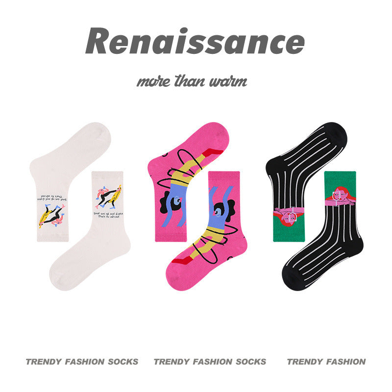 Renaissance Collection Women Socks 3 Pairs Bundle Striped Color-blocking Mid-Calf Socks