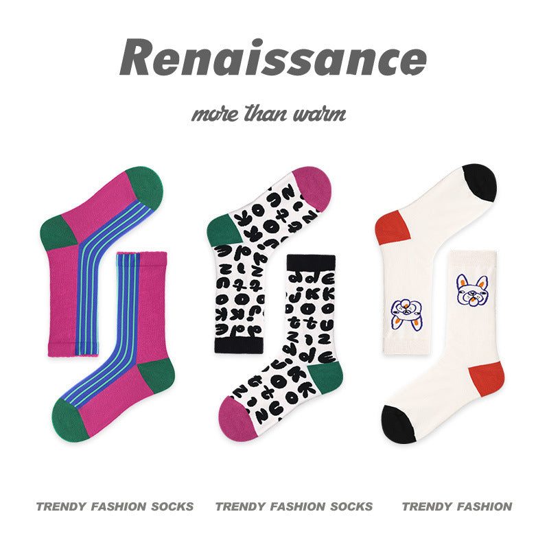 Renaissance Collection Women Socks 3 Pairs Bundle Striped Color-blocking Mid-Calf Socks