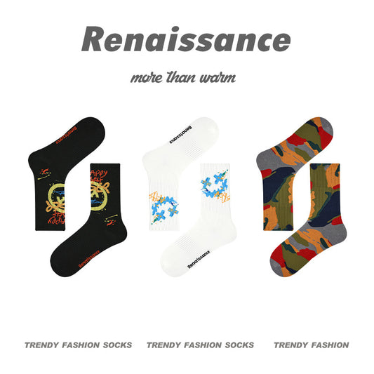 Renaissance Collection Men Socks 3 Pairs Bundle Street Trend Graffiti Art Mid-Calf Casual Socks 735509984081