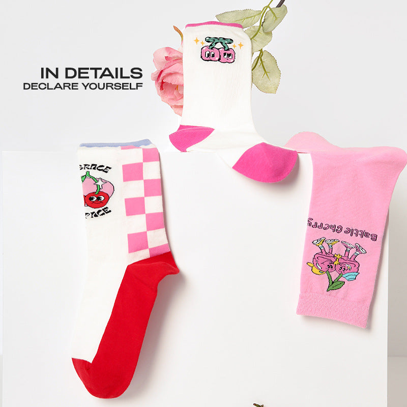 Women Socks 5 Pairs Bundle Sweet Cherry Party Hosiery Spring Collection