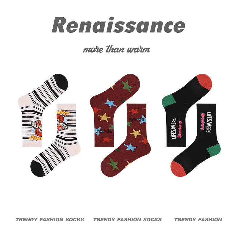 Renaissance Collection Women Socks 3 Pairs Bundle Striped Color-blocking Mid-Calf Socks