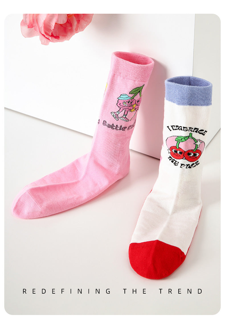 Women Socks 5 Pairs Bundle Sweet Cherry Party Hosiery Spring Collection