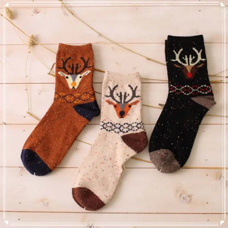 3 Pairs Lot Pack Women Socks Winter Cartoon Animal Elk Deer Thick Warm Tweed Yarn Soft Comfortable Wool Socks