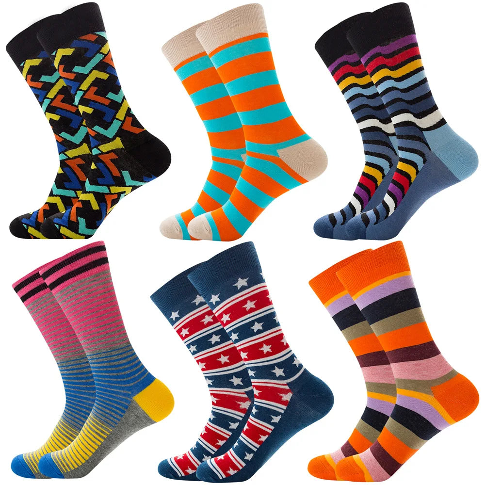 6 Pairs Hip Hop INS Style Men/Women Socks Combed Cotton Happy Print Art Funny Socks Men Casual Crew Skateboard Socks Long Tube