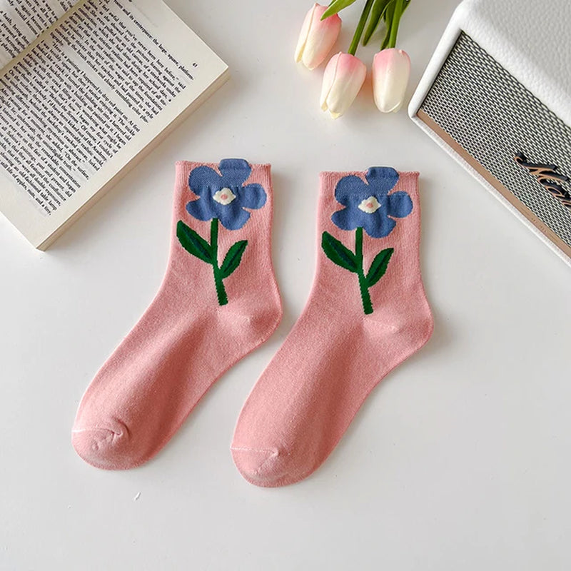 Women Socks Flower Rabbit Pattern Cute Kawaii Japanese Korean Style Cotton Harajuku Funny Breathable Casual Spring Floral Socks