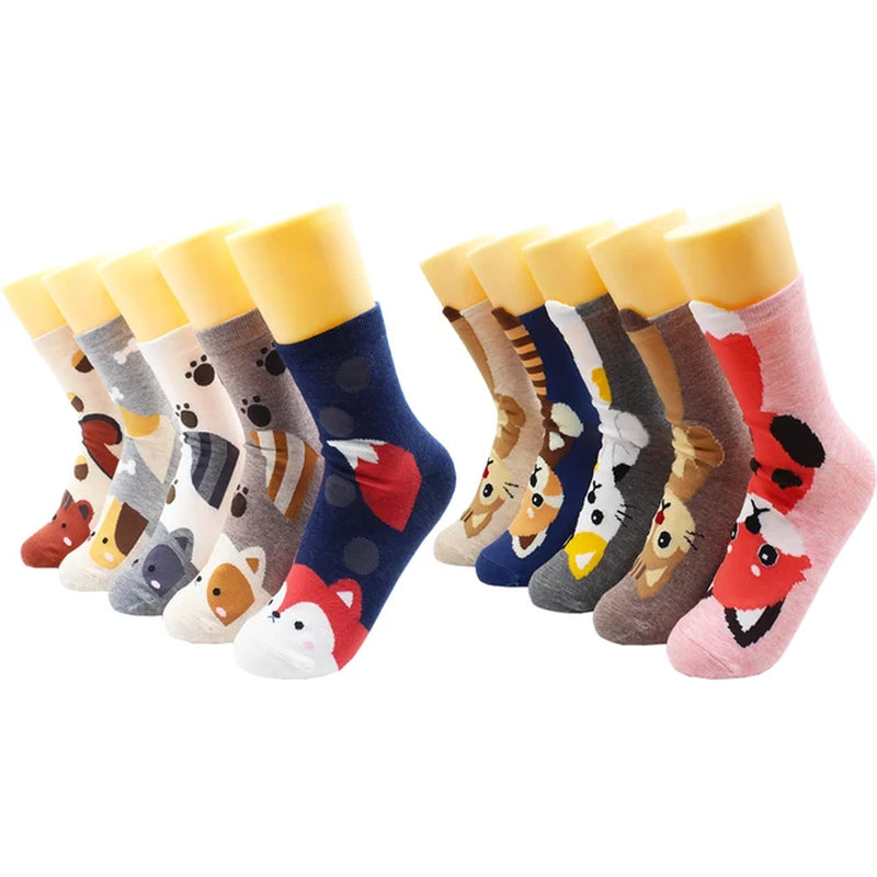 5/10 Pairs Fashion Korean Kawaii Cute Cartoon Cat Dog Fox Happy Funny Girl Socks Harajuku Hip-Hop Animal Cotton Women Socks