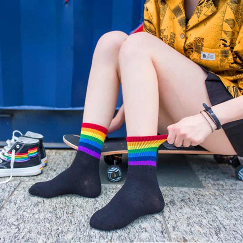 Winter Women Socks Cotton Rainbow Stripes Socks Christmas Fashion Warm Christmas Casual Tide Socks Harajuku Female Crew Socks