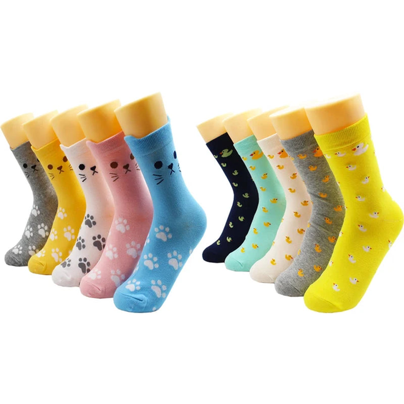 5/10 Pairs Harajuku Hip-Hop Animal Print Cotton Women Socks Fashion Korean Kawaii Cute Cartoon Cat Dog Duck Girl Socks