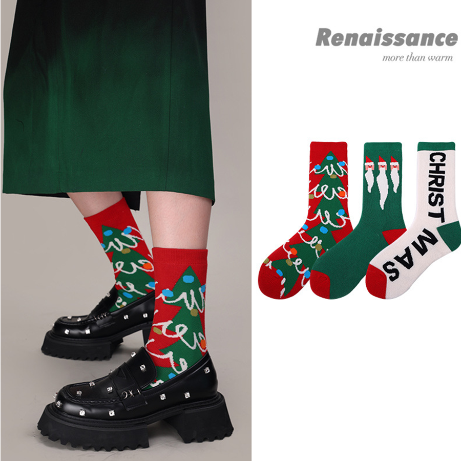 Renaissance Collection Women Socks 3 Pairs Bundle Merry Christmas Happy Holidays Cotton Print Crew Socks 683948357357