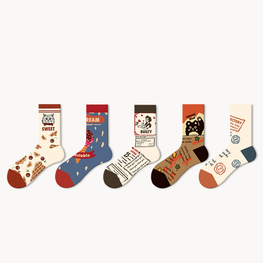 Women Socks 5 Pairs Bundle Vintage Pictorial Print Summer Thin Socks 669633383349