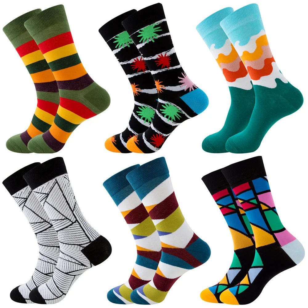 6 Pairs Hip Hop INS Style Men/Women Socks Combed Cotton Happy Print Art Funny Socks Men Casual Crew Skateboard Socks Long Tube