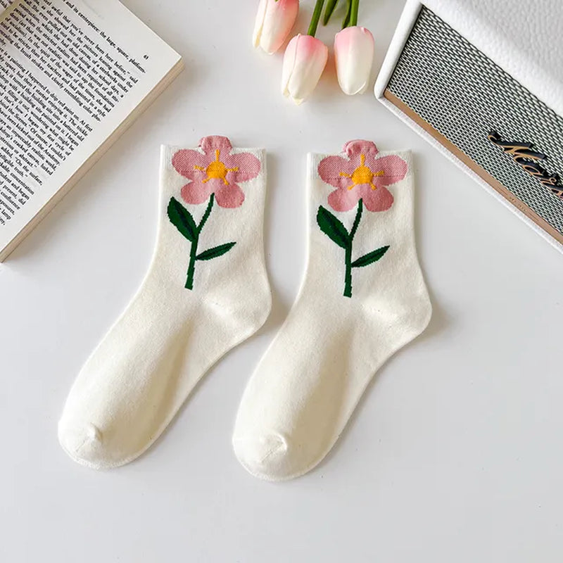 Women Socks Flower Rabbit Pattern Cute Kawaii Japanese Korean Style Cotton Harajuku Funny Breathable Casual Spring Floral Socks