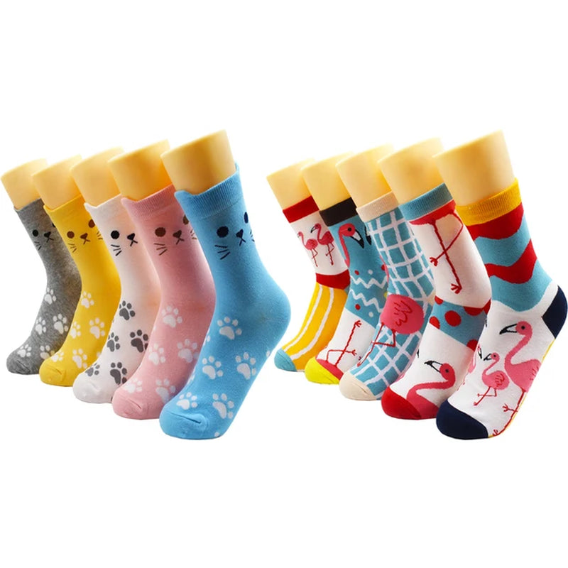 5/10 Pairs Harajuku Hip-Hop Animal Print Cotton Women Socks Fashion Korean Kawaii Cute Cartoon Cat Dog Duck Girl Socks