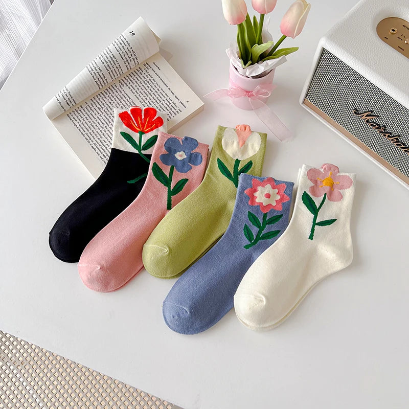 Women Socks Flower Rabbit Pattern Cute Kawaii Japanese Korean Style Cotton Harajuku Funny Breathable Casual Spring Floral Socks