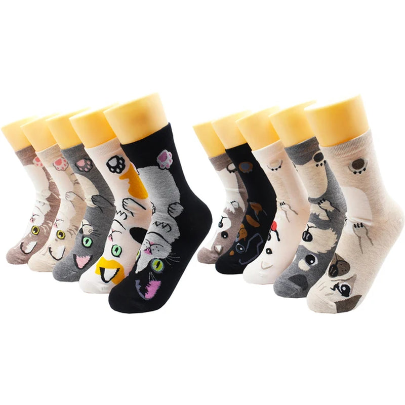 5/10 Pairs Fashion Korean Kawaii Cute Cartoon Cat Dog Fox Happy Funny Girl Socks Harajuku Hip-Hop Animal Cotton Women Socks