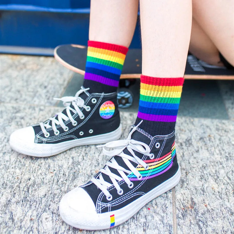 Winter Women Socks Cotton Rainbow Stripes Socks Christmas Fashion Warm Christmas Casual Tide Socks Harajuku Female Crew Socks