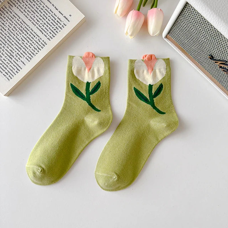 Women Socks Flower Rabbit Pattern Cute Kawaii Japanese Korean Style Cotton Harajuku Funny Breathable Casual Spring Floral Socks