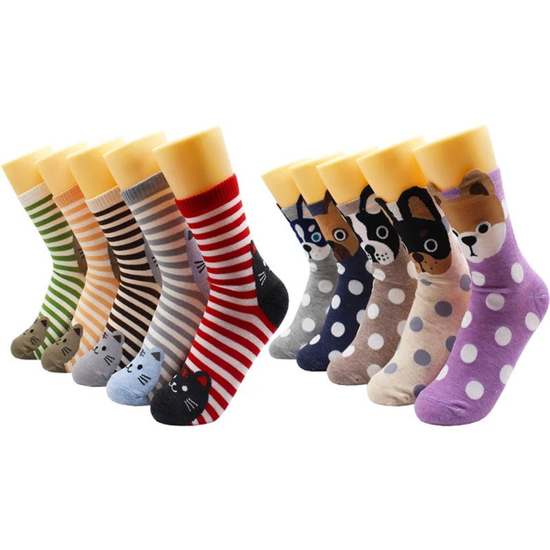 5/10 Pairs Fashion Korean Kawaii Cute Cartoon Cat Dog Fox Happy Funny Girl Socks Harajuku Hip-Hop Animal Cotton Women Socks