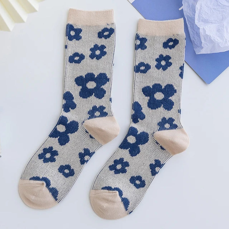 1 Pair Women Socks Spring Autumn Retro Style Men Couple Cotton Socks Flower Stripe Plaid Pattern Solid Colorful Socks