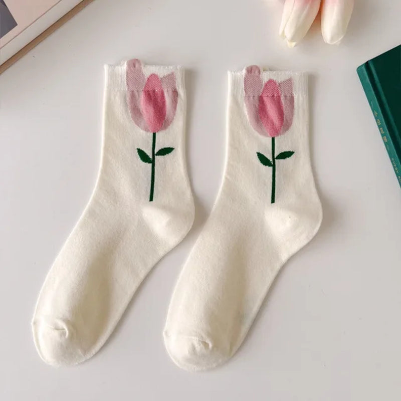 Women Socks Flower Rabbit Pattern Cute Kawaii Japanese Korean Style Cotton Harajuku Funny Breathable Casual Spring Floral Socks