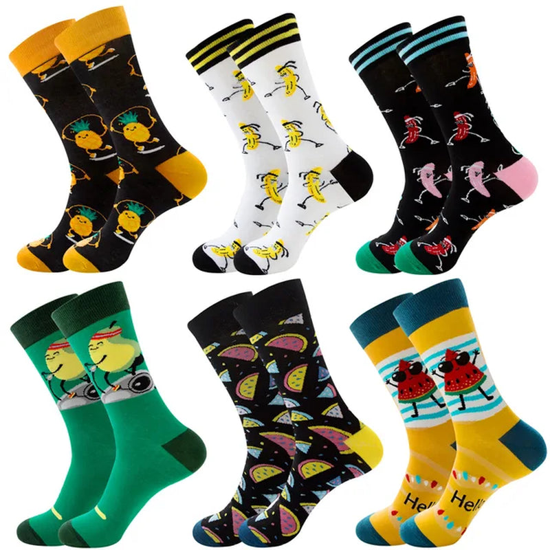 6 Pairs Hip Hop INS Style Men/Women Socks Combed Cotton Happy Print Art Funny Socks Men Casual Crew Skateboard Socks Long Tube