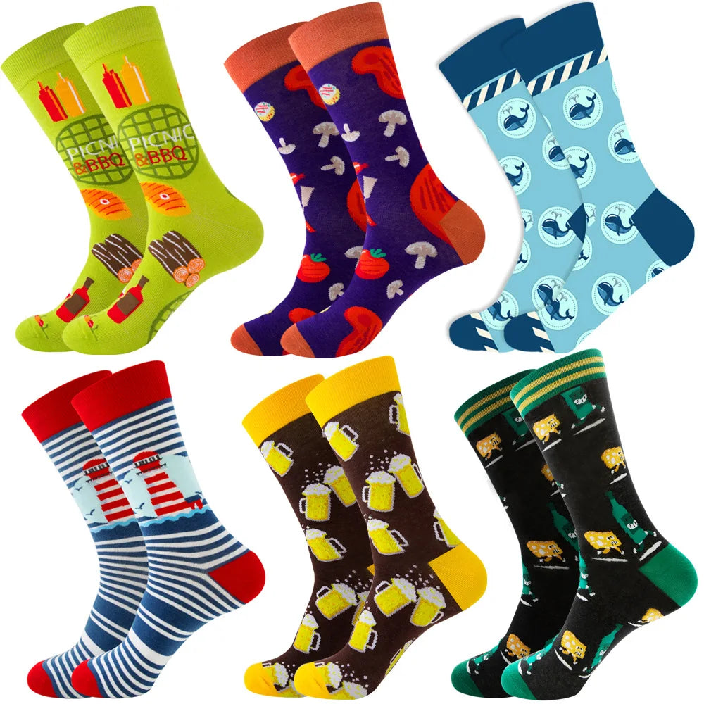 6 Pairs Hip Hop INS Style Men/Women Socks Combed Cotton Happy Print Art Funny Socks Men Casual Crew Skateboard Socks Long Tube