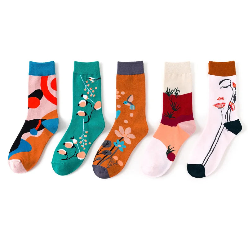 Hot Sale Cartoon Jacquard Funny Art Socks Creative Plants Flowers Cute Women Socks Vintage Leisure Cotton Kawaii Socks Wholesale