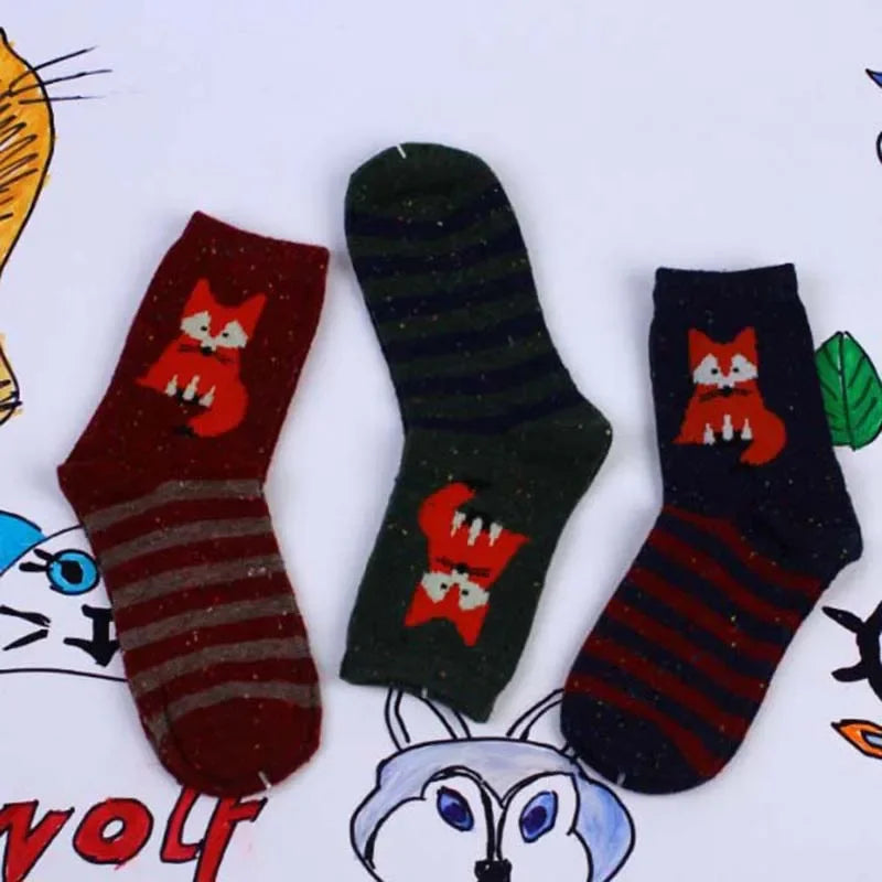 3 Pairs Lot Pack Women Socks Winter Cartoon Animal Elk Deer Thick Warm Tweed Yarn Soft Comfortable Wool Socks