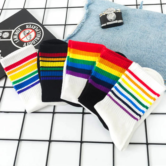 Winter Women Socks Cotton Rainbow Stripes Socks Christmas Fashion Warm Christmas Casual Tide Socks Harajuku Female Crew Socks