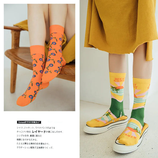 Women Socks Fashion Funny Creative Colorful Flower Letter Oil Pattern Art Socks Street Trend Happy Sox